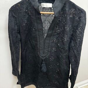 Tory Burch Black Swim Coverup with Sheer Lace